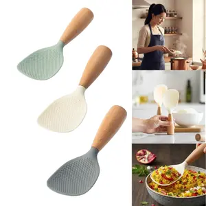Standing Silicone Spoon with Wooden Handle – Heat-Resistant & Insulated Multifunctional Non Stick Spatula for Rice Cookers, Home & Restaurant Kitchen Tool, Easy to Clean, Multi-Purpose Cooking Accessories