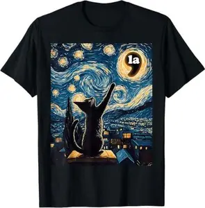 Halloween Starry Night Black Cat Comma La Kamala Harris T-Shirt
