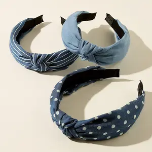 Women's 3pcs Denim Fabric Striped Dot Headbands, Simple Blue Fashion Hair Accessories