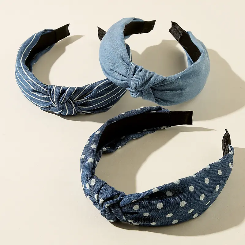 Women's 3-Piece Denim Headbands - Female, Minimalist Blue Striped Dot Tie Hair Accessories, Fashion Hair Ornaments, Fabric