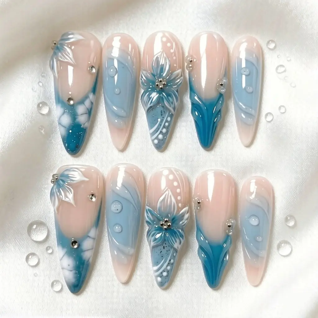 10Pcs Handmade Long Stiletto Press on Nails – 3D Floral Lake Blue Icy Blue Gradient, Lavender Purple Petal Droplet Heavy Series, Reusable False Nails Flower Design Nails for Spring Summer Beach Party Daily
