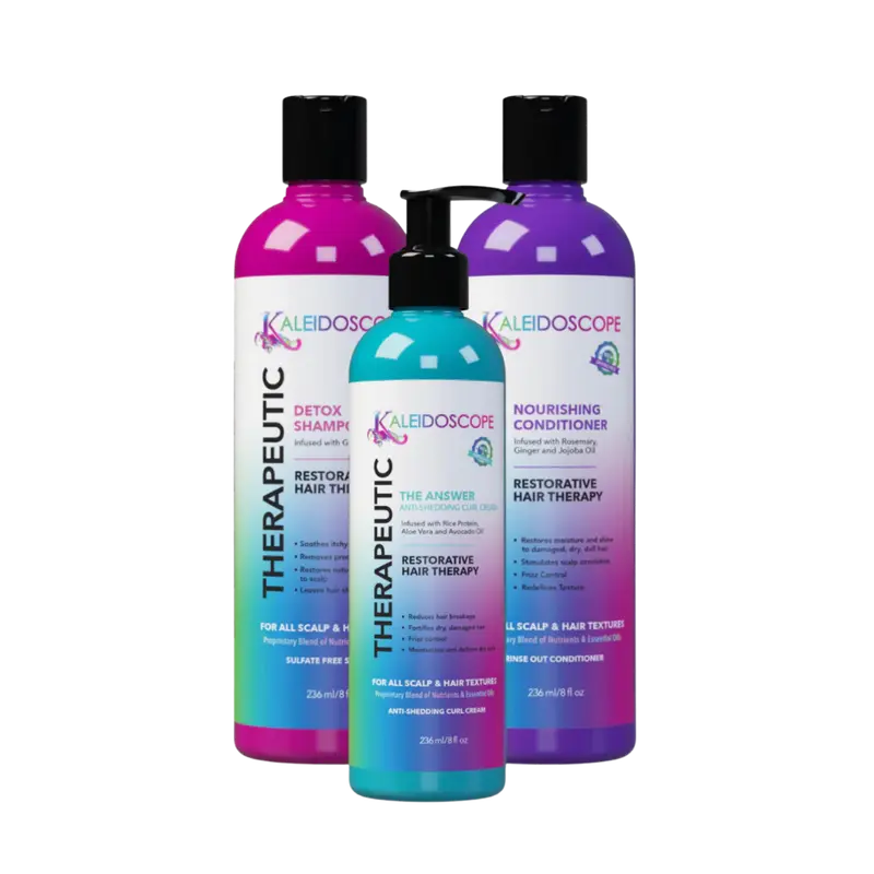 Kaleidoscope Haircare Therapeutic Collection Intensive Bundle - Minty Detox Cleanser, Anti-Hair Loss Shampoo, Dry Hair Nourishing Conditioner, Haircare Moisture Curl Cream