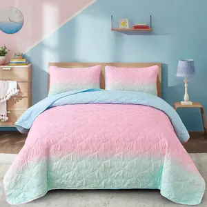 Pink Full Size Ombre Blue Pink Mint Quilt Set Kids Girls Bedding 3PCs Summer Reversible Lightweight Microfiber Bedspread Coverlet for All Season (80''x90'')
