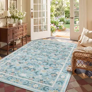 Vintage Distressed Floral Area Rug, Low-Pile Stain Resistant Washable Non-Slip Non-Shedding Farmhouse Style Rug, Indoor Decor Carpet for Entryway, Bedroom, Dining Room & Nursery