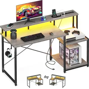 Computer Desk, 48 Inch Gaming Desk with Led Lights & Power Outlet, Office Desk with Printer Storage Shelves, Reversible Desk with  Shelf & Headphone Hook, Grey Oak