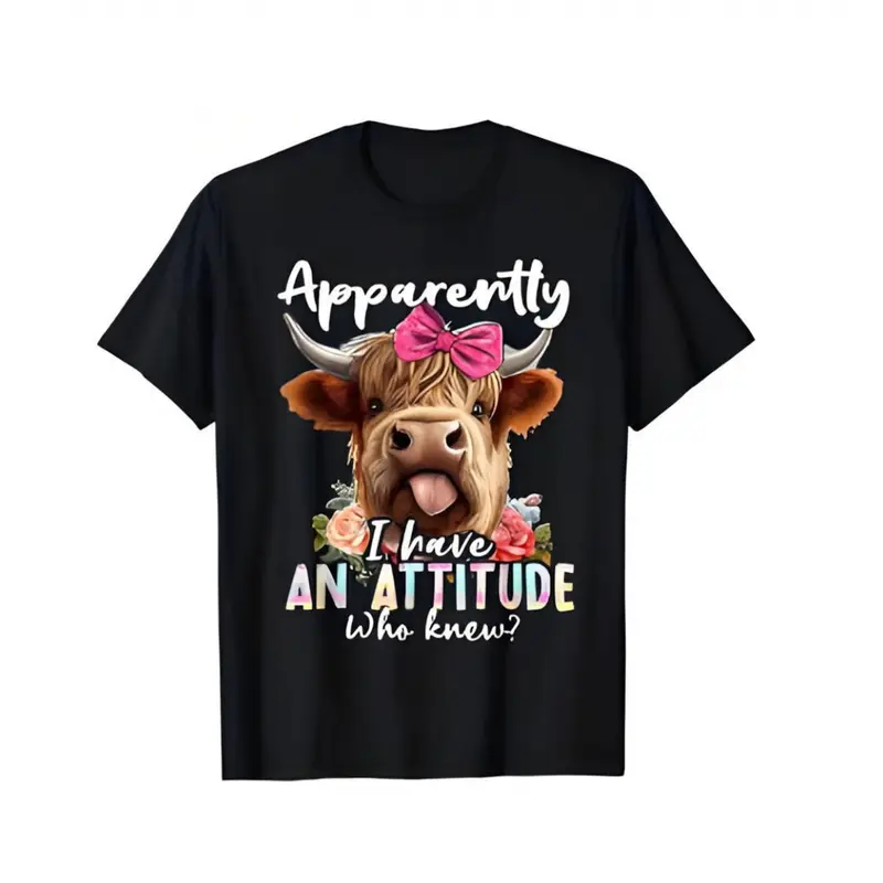 Cotton Apparently I Have An Attitude Sarcastic Highland Cow Design Unisex Tee Round Neck Short Sleeves Menswear Casual Tops Golf Gift T-ShirtUnisex T-shirts M-5XL