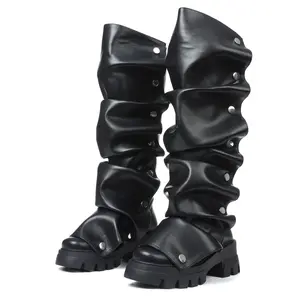 Fold Over Knee High Boots For Women Slouchy Boot Round Toe Chunky Block High Heel Wide Calf Snap Studs Ruched Fashion Dress Party Date Glitter Metallic Boots