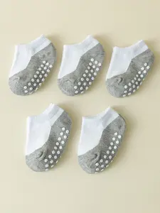 Baby Ankle Socks, Non-Slip Design, & Block Pattern, Unisex Floor Socks, Random Colors, Pack of 5 Pairs