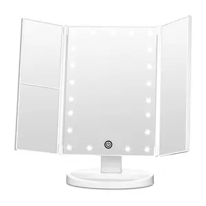 Trifold Vanity Mirror with Lights, Lighted Makeup Mirror 2X/3X Magnification, 21 LED Touch Dimming, Dual Power 180° Rotation Lit Beauty Table Mirror, Make up Mirror with Lighting