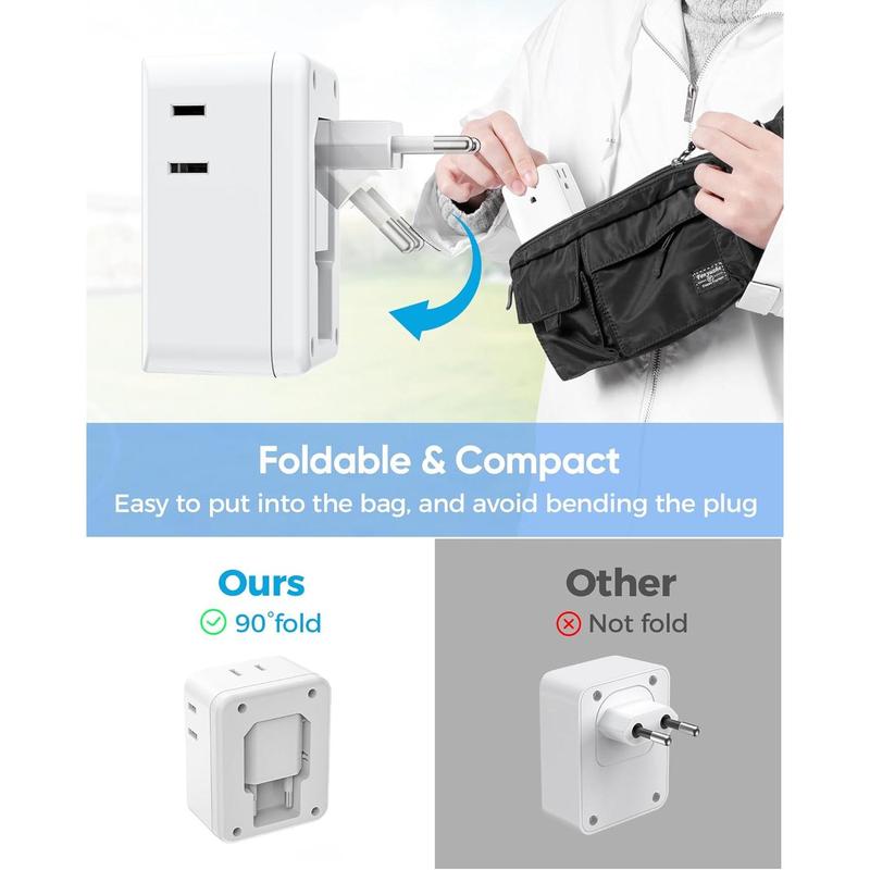 SQ-APT016 European Travel Plug Adapter,  Foldable International Power Adapter with 4 Outlets 3 USB Ports, Type C Plug Adapter for US to Europe, Italy Spain Iceland France Germany