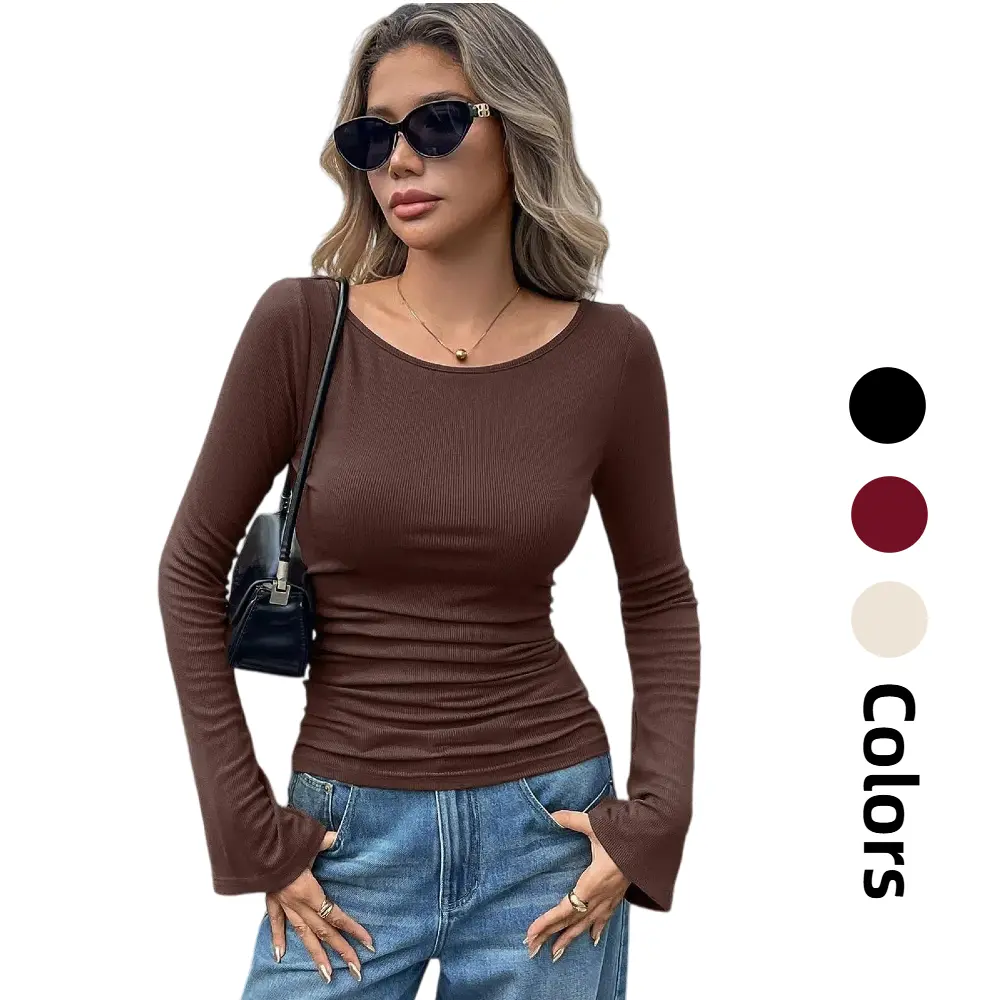 Women's Bell Long Sleeve Shirts Boat Neck Crop Going Out Trendy Tops Ribbed Ruched Y2K Clothes Casual Womenswear Brown,summerwins,summeroutfits,vacationoutfits,beachoutfits,back to school,back to school shopping Blouses Basic