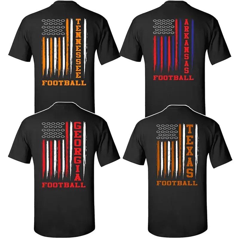 College Varsity Football Flag Black T-Shirt, American Flag Graphic Tee, Short Sleeve Shirt for Men and Women Gift for Football Fans