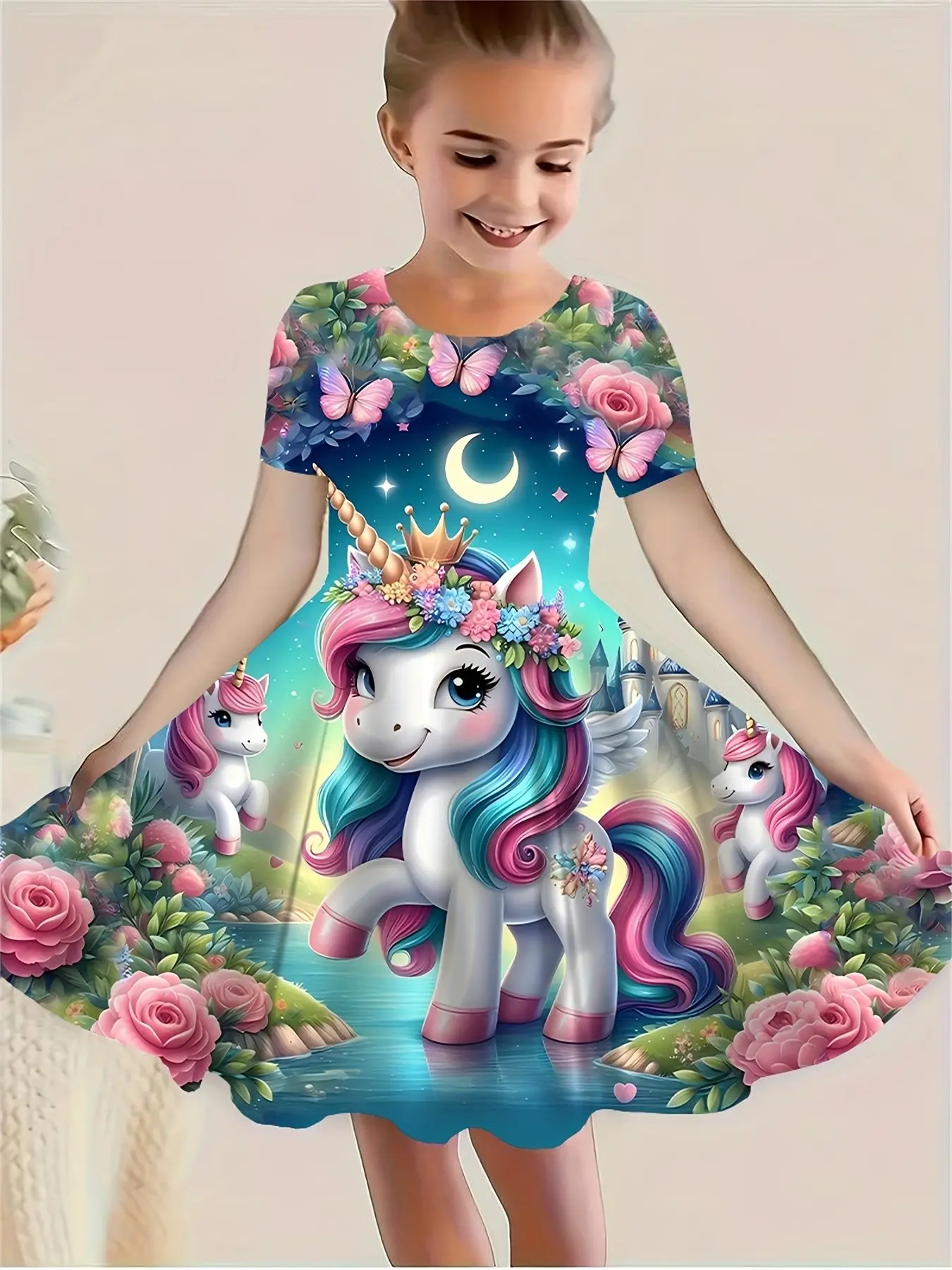 New Kids 3D Unicorn Pattern Short Sleeve Dress, Princess Skirt Set for Spring Summer, Cute Cartoon Print Top for Girls
