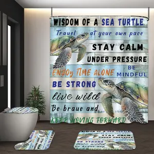 LVRLVR 4Pcs Sea Turtle Wisdom Quote Print Rustic Coastal Multi-Color Shower Curtain Set 70.8×70.8 Inch