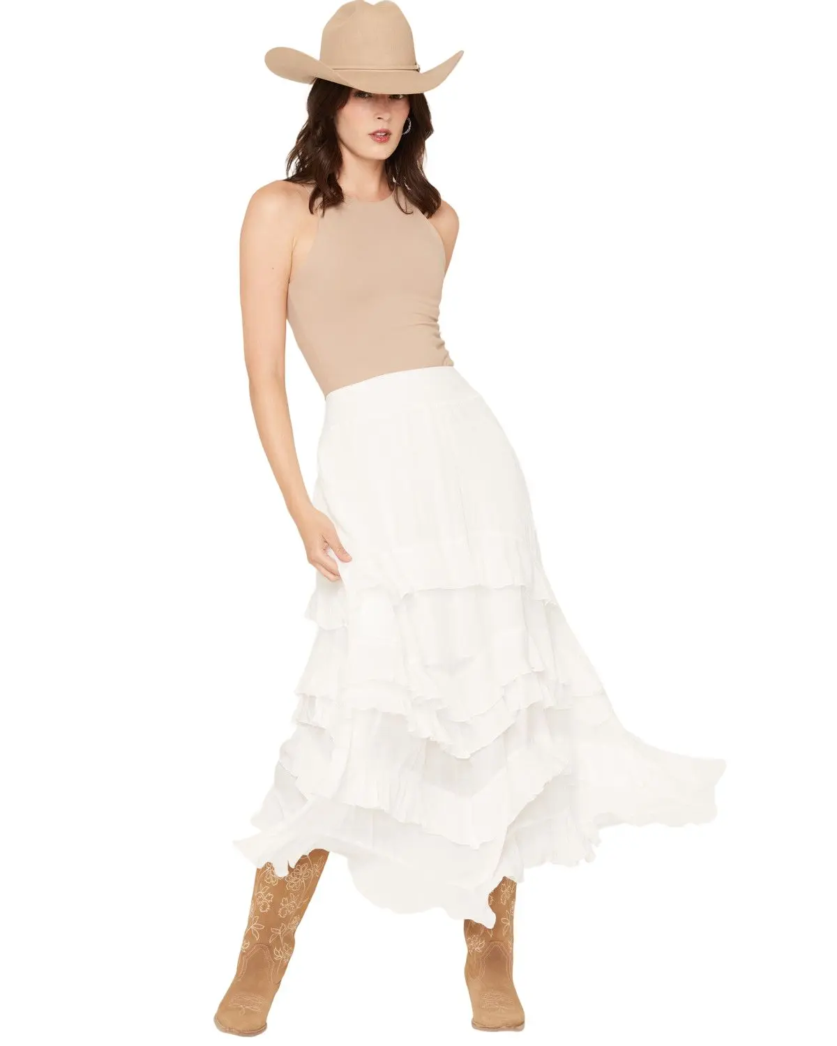 Ashley Women's Women'S Tiered Ruffle Maxi Skirt - Bb76284-Wht