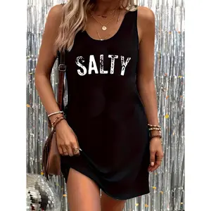 Women's Casual Sleeveless Dress with "SALTY" Monogram Print, Crew Neck Knit Fabric Vest Dress, Polyester 60% Spandex 5%, All-Season Fashion for Adults, Casual Summer Dress | Sleeveless Vest Dress | Comfortable Knit
