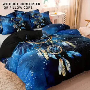 2D Print Blue Dreamcatcher Pattern Bedding Set, 100% Polyester Soft Breathable Fabric, All-Season Use, Bedroom & Guest Room Decor