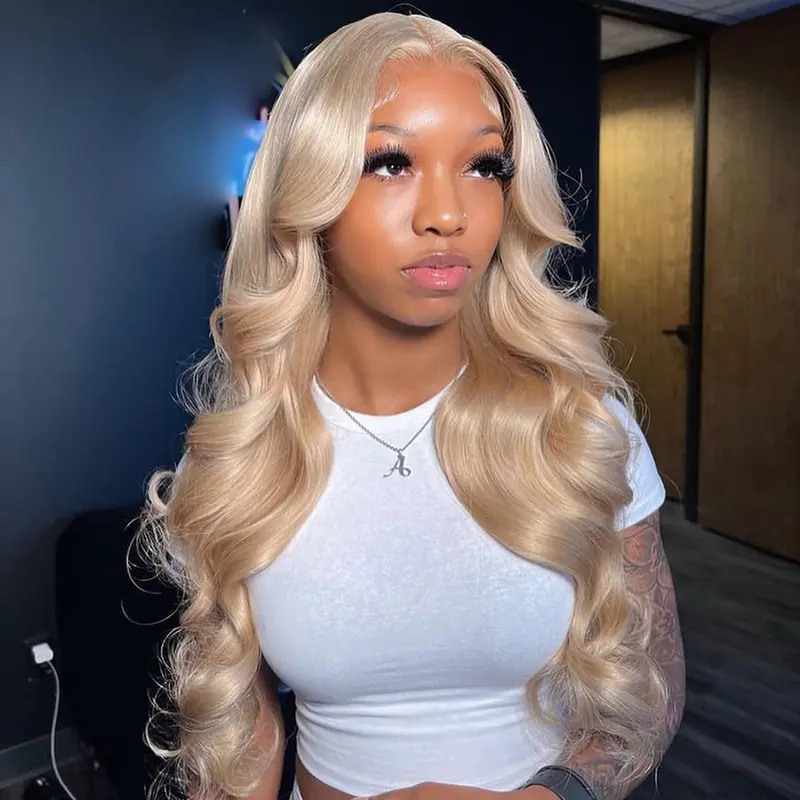 13X6 Lace Front Wig 200% Density Ash Blonde Milk Tea Color Human Hair Wigs Thin Lace Frontal Body Wave Brazilian Hair Upgrade Wig Can Be Restyled  Fit for Beginners