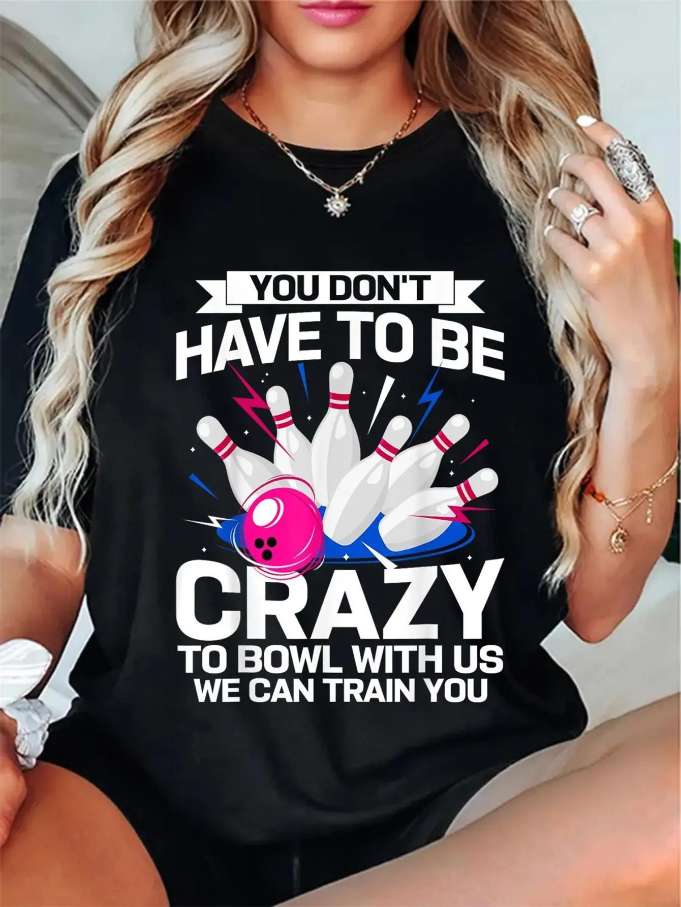 Cotton You Don't Have to Be Crazy to Bowl with Us, We Can Train You T-Shirt - Funny Bowling Gift for bowlers, Soft Breathable Tee with Bowling Alley Graphic, Casual Short Sleeve Shirt for &, Party Outfits graphic tees