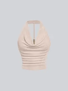 Women's Summer Knit Lightweight Halter Neck Top: Deep Cowl Neckline, Open Back with Metallic Buckle Detail. Versatile Swimwear Cover-Up in Solid Colors - Perfect for Beach Days and Casual Outings