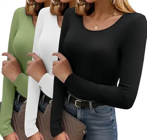 Women's 3-piece set of long-sleeved round-neck ribbed sweaters, thermal underwear, stretch base soft T-shirt, slim-fit shirt basic T-shirt, 2025 casual long-sleeved T-shirt, women's sweaters for going out and fitness, round-neck slim-fit tops.