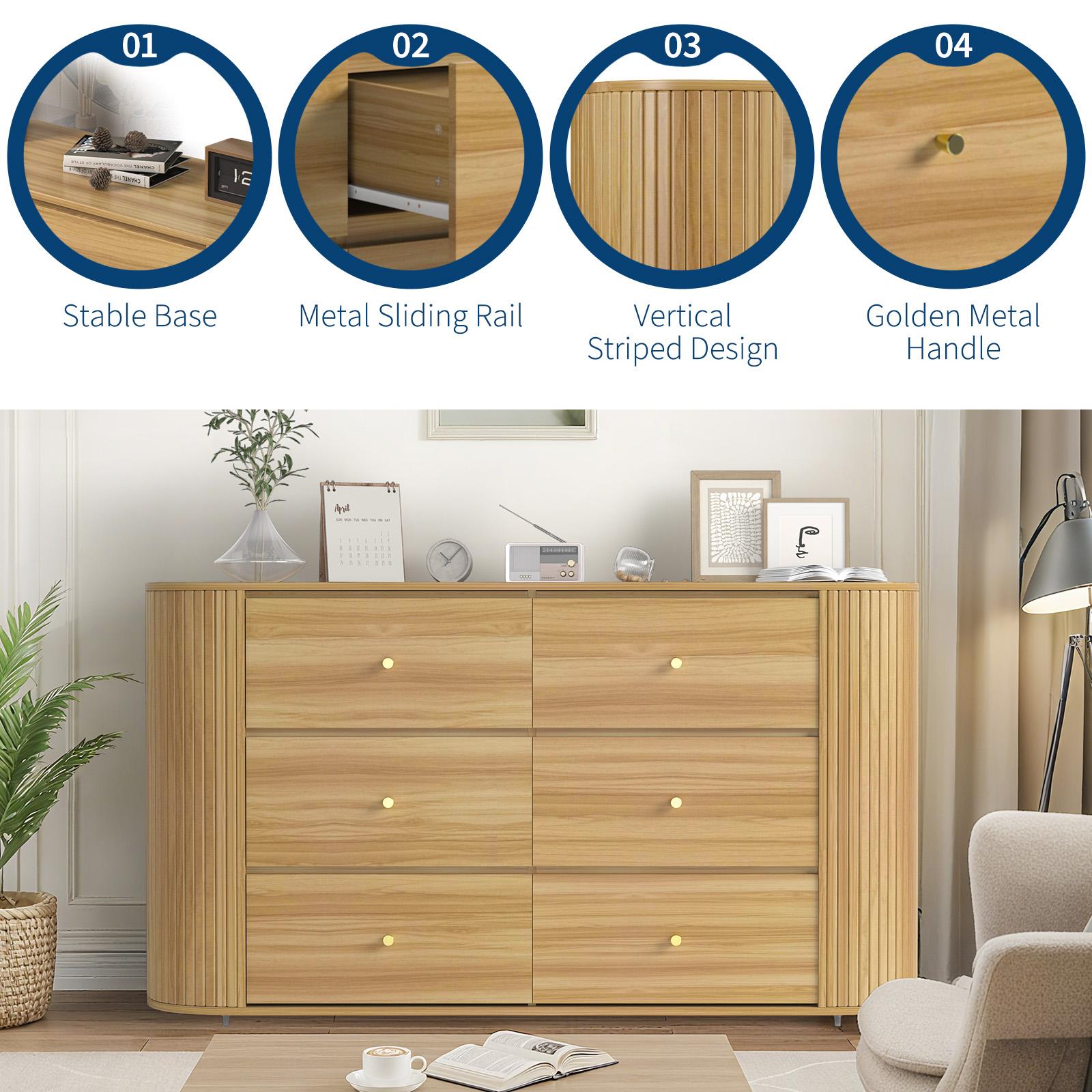 6 Drawer Vintage Farmhouse Dresser with Power Outlet, Large Storage Cabinet for Bedroom & Living Room, Curved Edge Organizer with Metal Handles