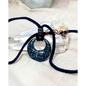 Boho Gypsy Hoop Pendant-Shimmering Ocean Blue/Green Crushed Glass Focal Pendant-Copper Accents-Genuine Suede Leather Cord w/Hook Closure