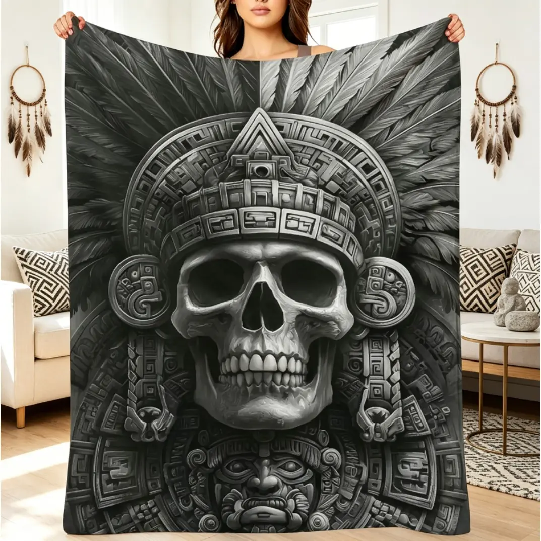 Aztec Skull & Feathered Serpent Flannel Blanket, Soft Cozy Throw for Bed, Sofa, Travel, Office, Adults & Kids, All-Season Nap Blanket, Native Inspired Home Decor Gift