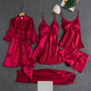 CHEN 5PC Silk Robe Sleep Suit Womens Lace Satin Pajamas Gown Set V-Neck Cami Nighties Wear Pijama Home Nightwear Spring Nightdress Loungewear Womenswear Basic Black