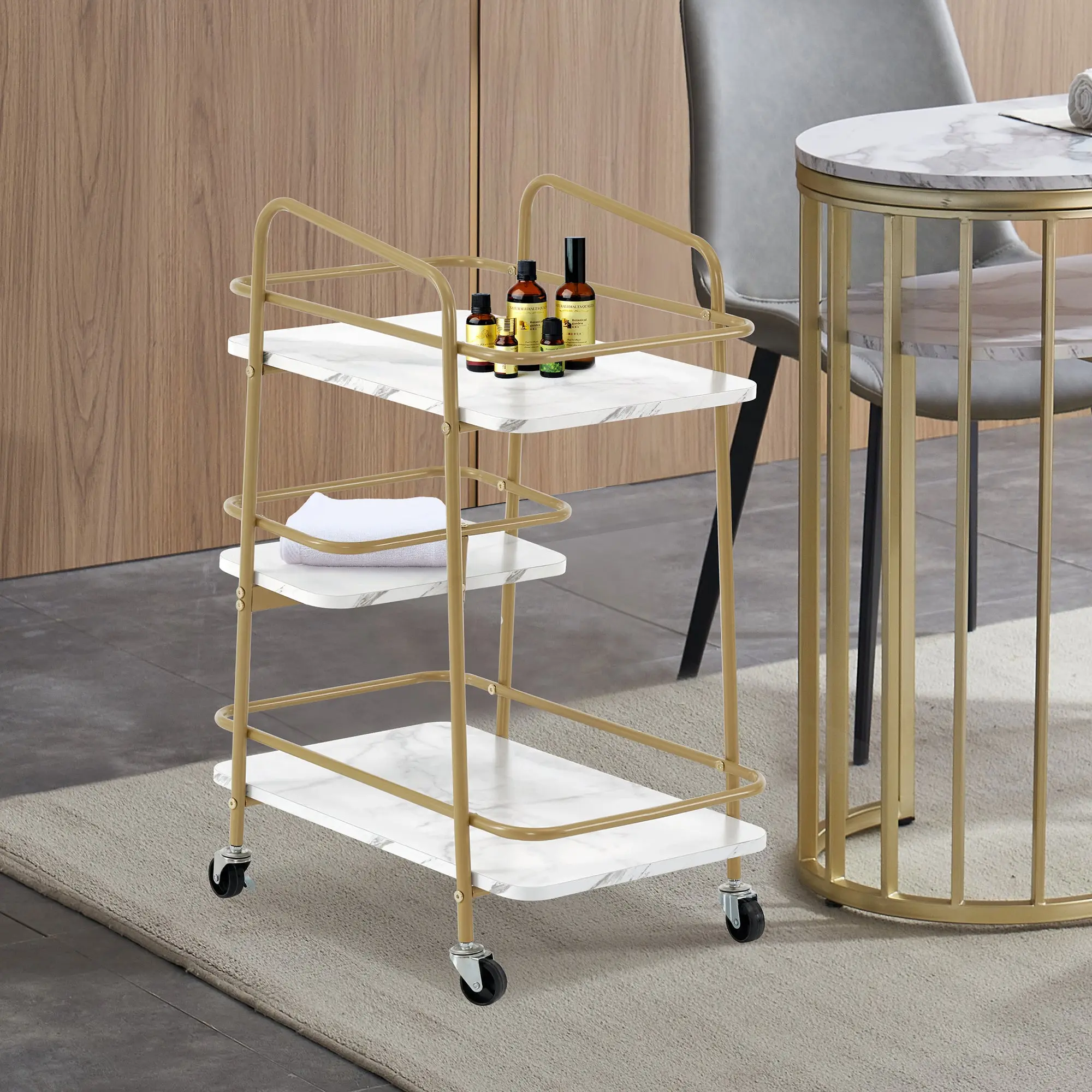 BarberPub 3-Tier Marble Pattern Particle Board Freestanding Utility Storage Cart - Lockable Wheels, Ergonomic Handles, Decorative Shelf, Durable Metal Frame for Barber Shops (2072)