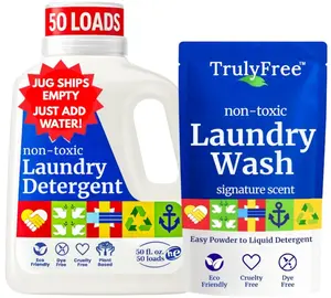Truly Free Natural Laundry Detergent for Sensitive Skin | Eco Friendly, Plant Based, Baby Clothes Safe | Clean & Easy Powder to Liquid, 1 Pack Detergent + 1 Refillable Jug | Signature Scent, 50 Loads