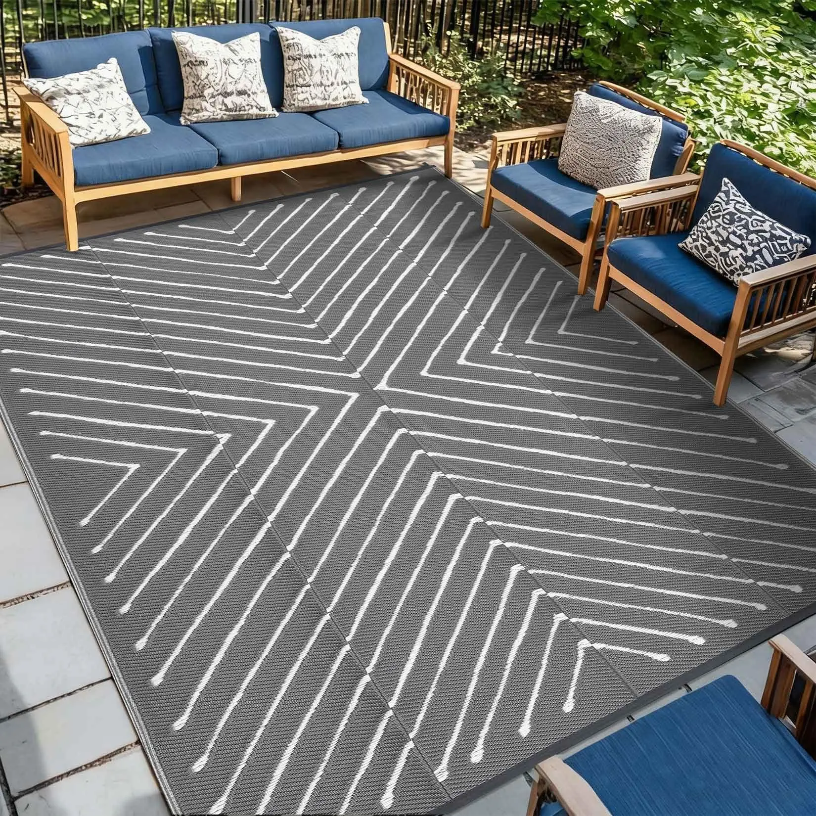Garvee Waterproof Outdoor Rugs 5x8 Plastic Reversible Rug Modern Line Area Rug Easy to Clean & Carry Large Floor Mat for Outdoors, RV, Patio, Backyard, Deck, Picnic, Beach, Camping, Grey/White