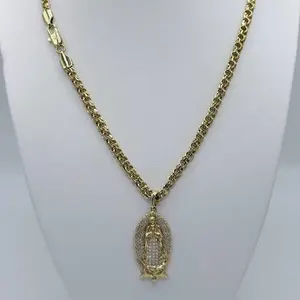 Hermosa Virgin Guadalupe Pendant Necklace 20 inch for Women with Chain Laminado 14k Capa Oro Real Alta Calidad
