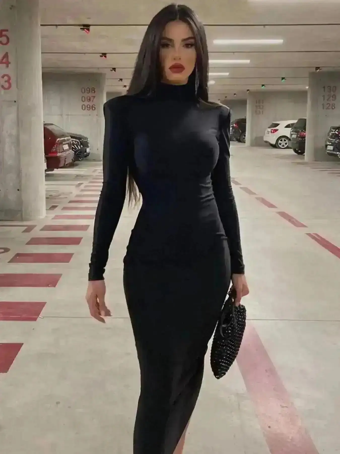 Women's Plain High Neck Padded Shoulder Long Sleeve Slim Fit Dress, Bodycon Fit Dress, Solid Midi Dress for Spring & Fall Winter Fashion, Ladies Party Club Date Evening Gown Formal Dress, Simple Style