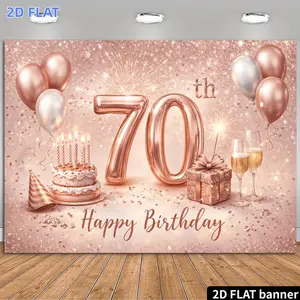 2D Flat Banner 1pc, 70Th Birthday Party Banner Backdrop Rose Golden Foil Number 70 Theme with Rose Golden And White Balloons Double-Layer Birthday Cake Champagne Cup Gift Box Fairy Wand Full Screen Golden Foil Sequins Ambiance Ful