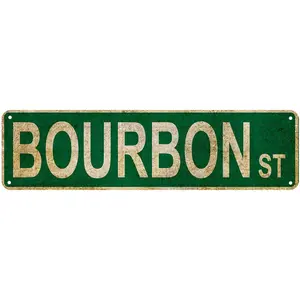 Vintage Bourbon St Street Sign Rustic Metal Tin Sign Home Outdoor Art Wall Decor 6x16 Inch (Green)
