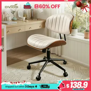 【Jumpstart Sale】Ovios Home Office Chair No Arms with Wheels, Adjustable Height Make Up Desk Chair, PU Leather Mid Back 360° Swivel Computer Chair, Armless Modern Walnut Chair for Office, Reading Meeting Room