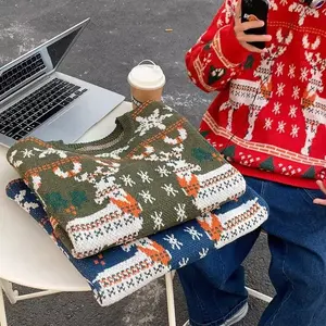 No.1 New Retro Christmas Red Elk Sweater for Men and Women Autumn and Winter Loose Ins Couple Trendy Lazy Fashionable Jacket Sweater Knitwear Menswear Tops Casual Crewneck Festive   glass cleaner incandescent christmas lights christmas 2024 ornament
