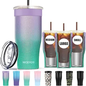 Universal Iced Coffee Sleeve -  Upgraded Double Wall Reusable Stainless Steel Holder Sleeves Insulator for Cold Drinks Fits Starbucks McDonalds Small Medium Large Cups (Glitter) Drinkware Tumbler Insulation Bottled Portable Classic Lid