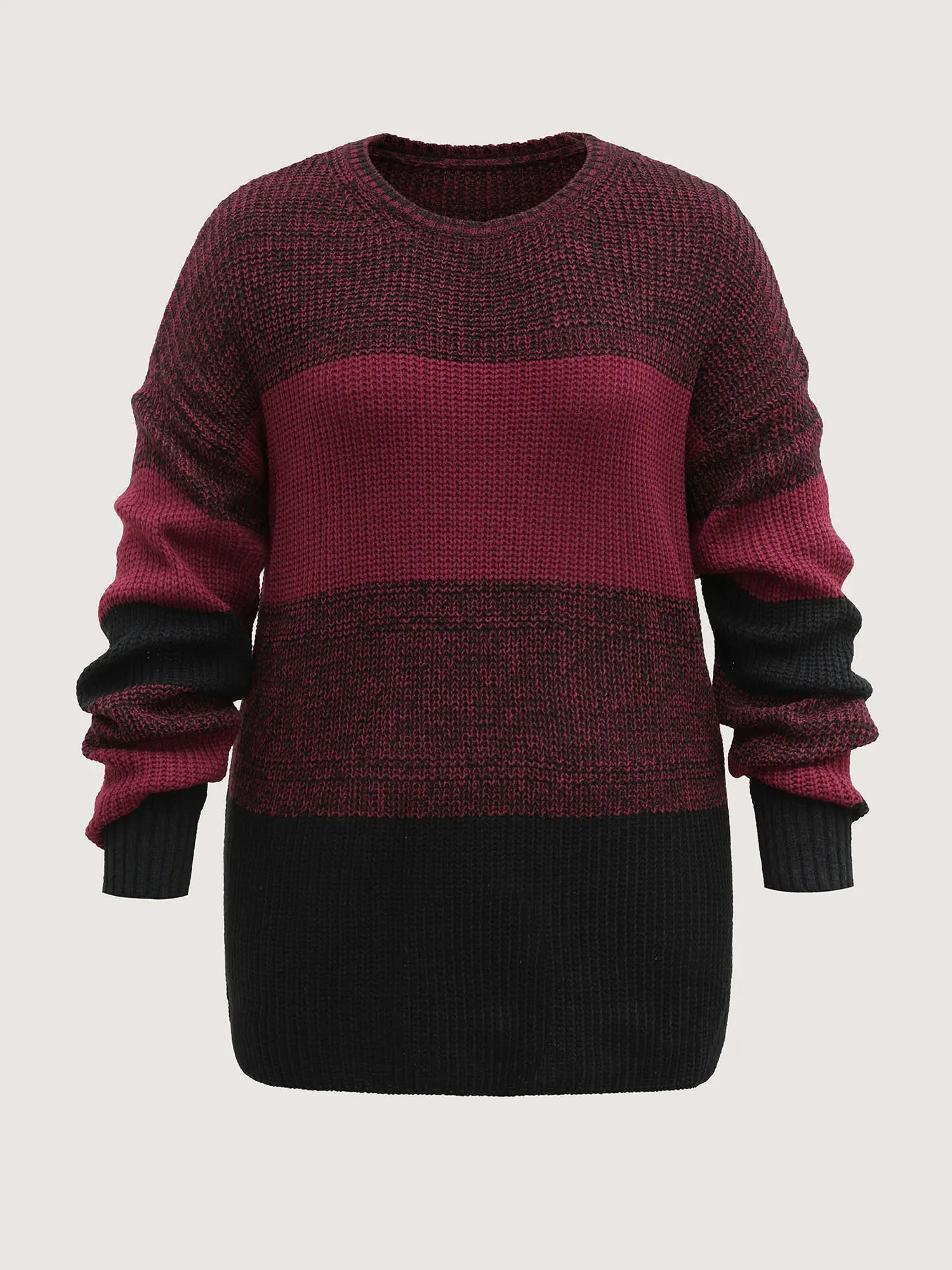 BloomChic Women's Oversized Knit Pullover Top - Casual Deep Red Long Sleeve Clothes with Geometric Color Block Print, Round Neck, Knitting Fabric, Hand Wash Compatible