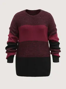 BloomChic Women's Oversized Color Block Yarn Blend Pullover - Lady's Longsleeves Elegant Round Neck Knitting Top with Deep Red Geometric Print, Casual Summer Knitwear Swimweek, Fit,Spotlight,Summer wins,Deals for you days