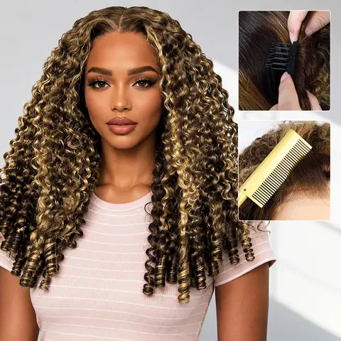 [3 in 1 Half Wig] P4 27 Highlight Burmese Curly Wear Go Glueless Half Wig 250% Density with Elastic Drawstring Flip Over Human Hair Wigs Beginner Friendly