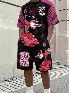 Pink Panther Graffiti 3D Digital Printed Two-Piece Set, 2Pcs, Trendy Fashion Set, Trendy Retro Casual Two-Piece Set, Vacation Style Trendy Outfit, Breathable Sports Casual Style, Perfect Holiday Gift for Men, Clothes, Sportswear, Top, Menswear