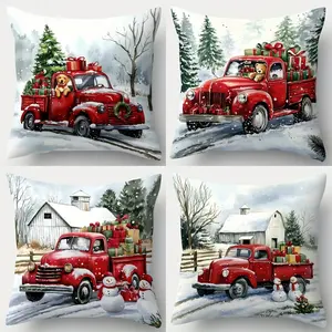 4pcs, Red Vintage Truck Christmas Pillowcase, Sofa cushion cover, Snowy Winter Scenes & Vintage Red Truck with Snowman, Wreaths & Cozy Barns - Farmhouse Style for Sofa, Bed, No Pillow Core, Bedroom Decorative Accessories