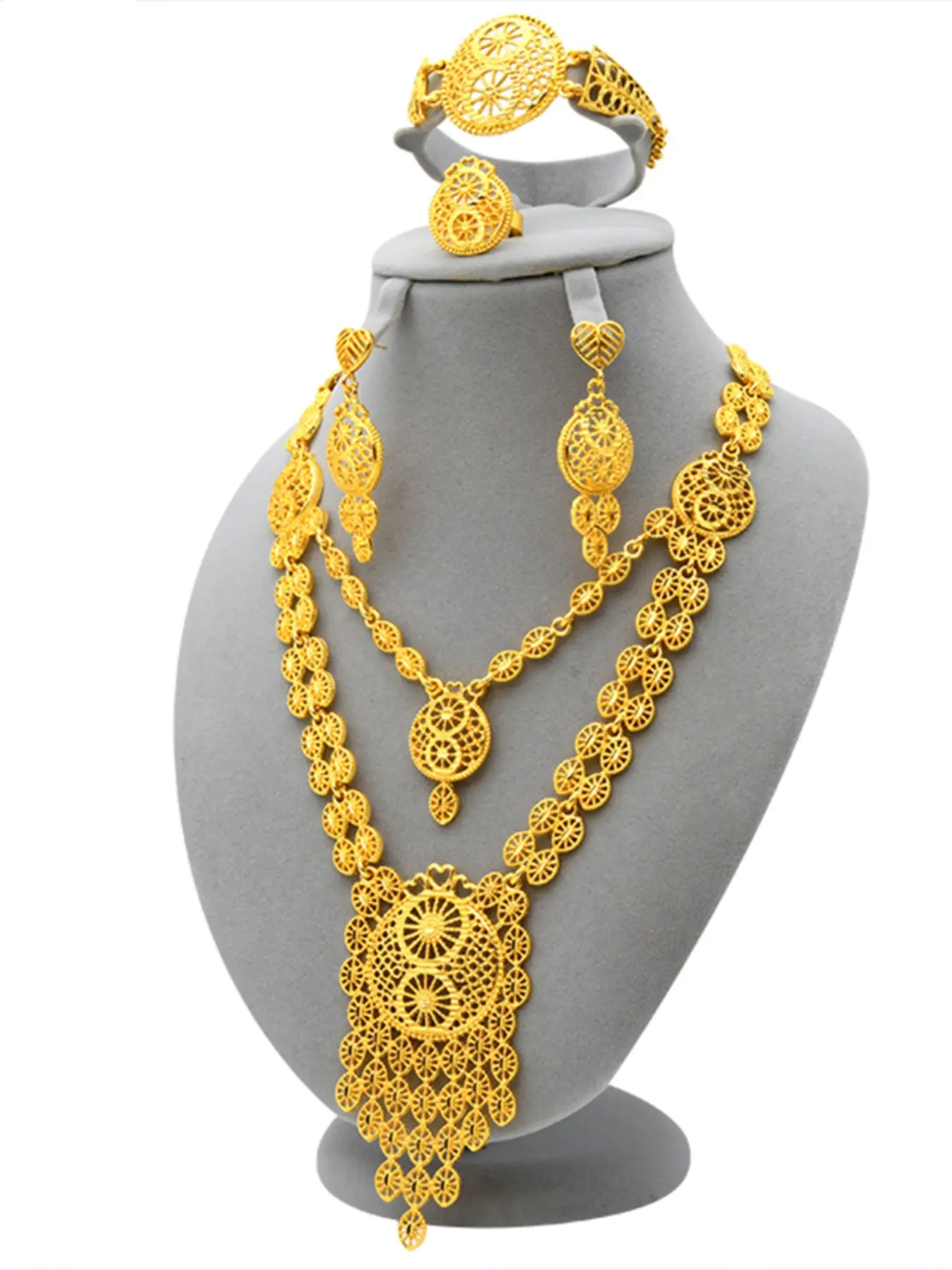4 Piece African Gold Plated Elegant Jewelry Set, Long Dubai Arabic Style Necklace Bracelet Ring Earrings, Women's Daily Party Gift Wedding Jewelry