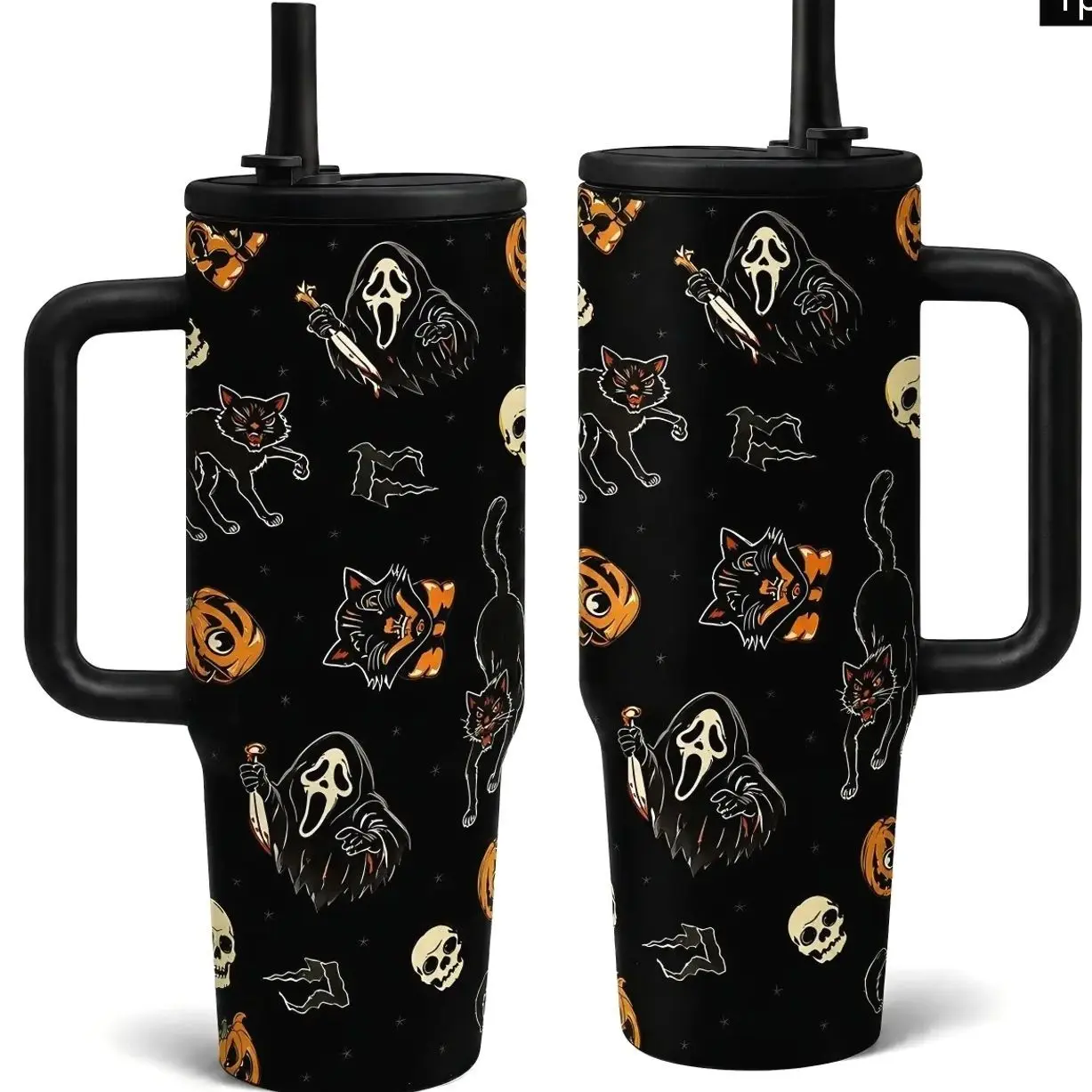 1PC 40oz Black Horror Mask Cat Pumpkin Skull Bat Pattern Insulated Tumbler with Handle & Straw, Double Wall Vacuum Leak-Proof Travel Mug, Hot 12H Cold 24H, Large Water Bottle for Men Women, Halloween Birthday Gift