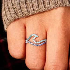 YILUOCD Cubic Zirconia Blue Double Wave Ring Simple Design Sea Wave Adjustable Rings Trendy Ocean Surf Jewelry Gift