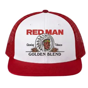 Vintage Red Man Chewing Trucker Hat - Retro Golden Blend Graphic Mesh Back Cap - Classic Red & White Snapback Baseball Hat - Americana Heritage Workwear Headwear for Men & Women - Adjustable Outdoor Driver Cap