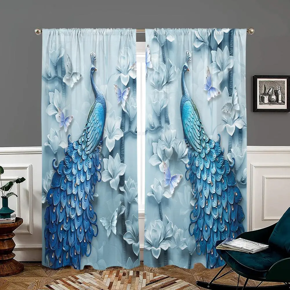 Peacock Feather Pattern Curtain, 2 Counts/set Exquisite Elegant Curtain, Home Decor for Living Room Bedroom Kitchen Study Room