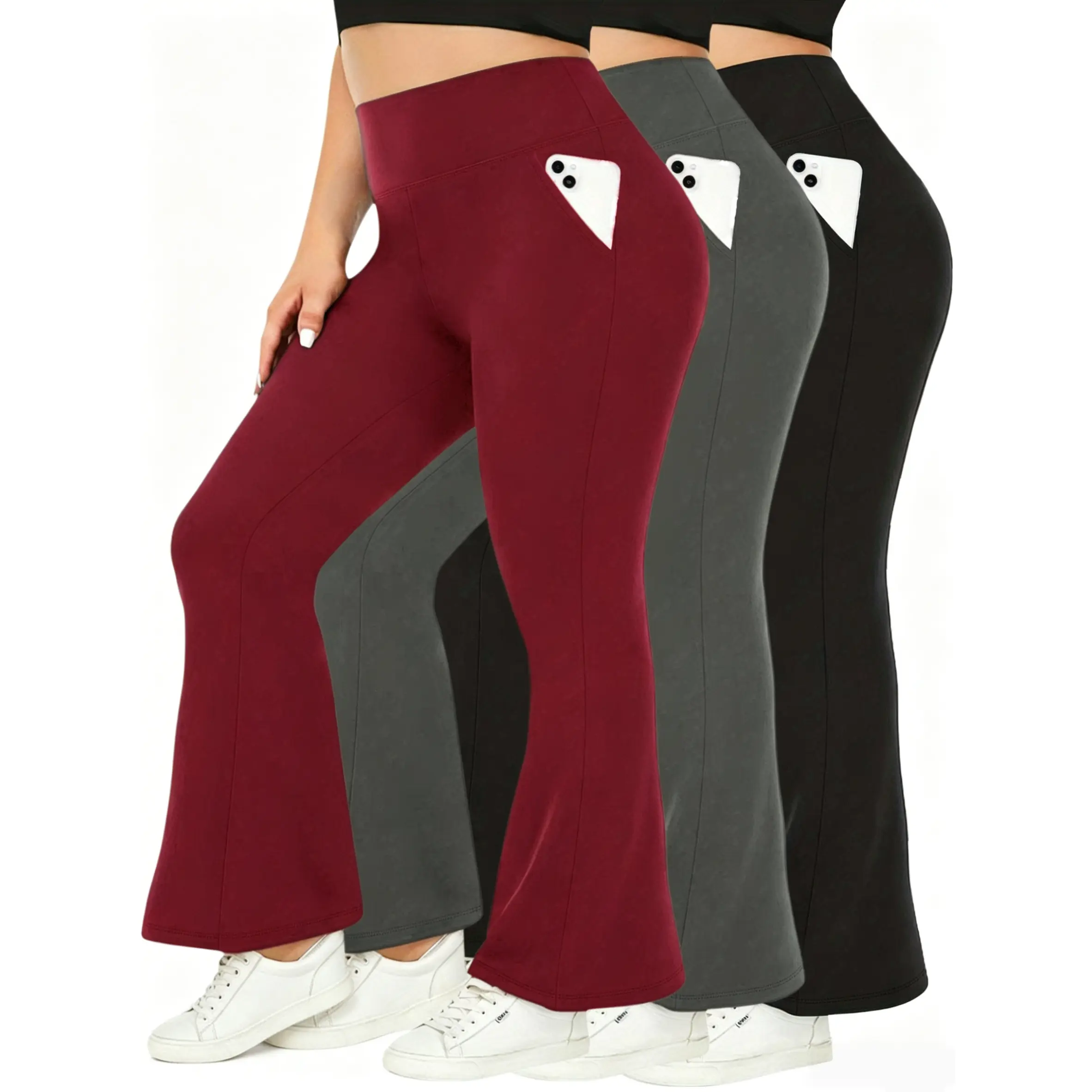 EBIOSVE Women's High-Waisted Flare Leggings 3-Pack - Breathable Soft Stretch Tummy Control Active Gym Pants with Side Pockets, Athleisure Fitness Sporty Joggers for Gym, Daily Workout